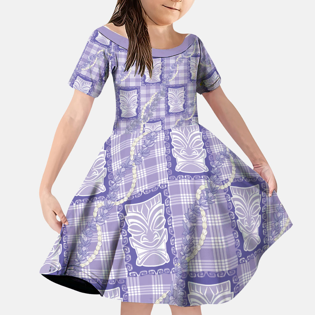 Aloha Hawaii Tiki Palaka Motifs Family Matching Summer Maxi Dress and Hawaiian Shirt Honohono Lei Purple Elegant Vibes LT14 Daughter's Dress Purple - Polynesian Pride