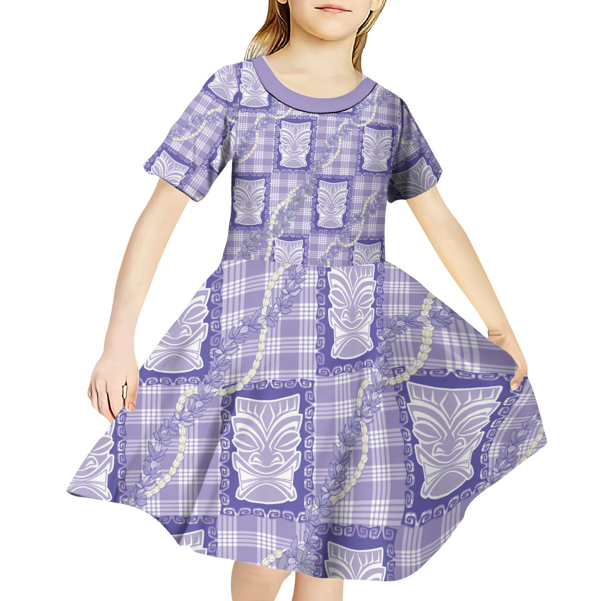 Aloha Hawaii Tiki Palaka Motifs Kid Short Sleeve Dress Honohono Lei Purple Elegant Vibes LT14 - Polynesian Pride