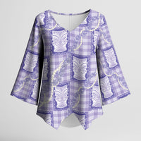 Aloha Hawaii Tiki Palaka Motifs Kimono Sleeve Blouse Honohono Lei Purple Elegant Vibes