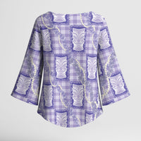 Aloha Hawaii Tiki Palaka Motifs Kimono Sleeve Blouse Honohono Lei Purple Elegant Vibes