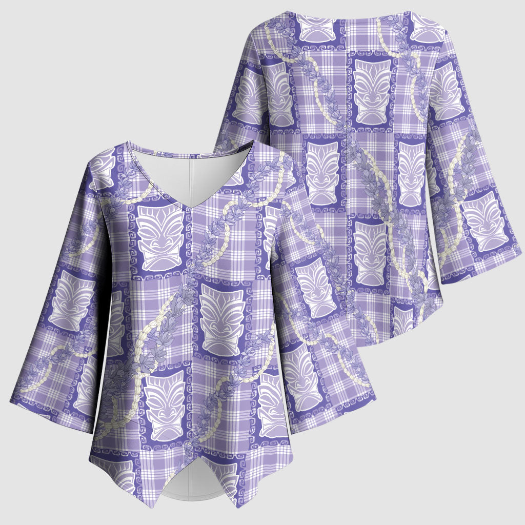 Aloha Hawaii Tiki Palaka Motifs Kimono Sleeve Blouse Honohono Lei Purple Elegant Vibes