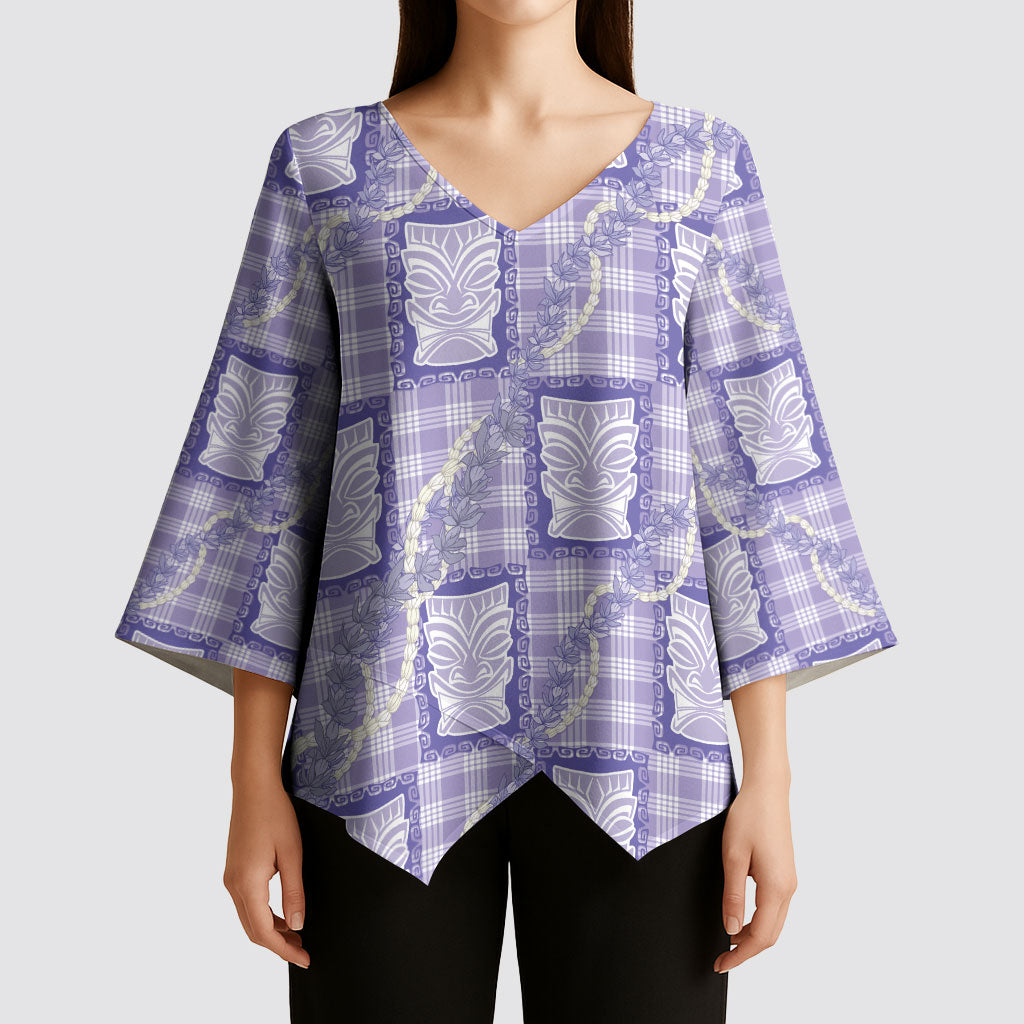 Aloha Hawaii Tiki Palaka Motifs Kimono Sleeve Blouse Honohono Lei Purple Elegant Vibes
