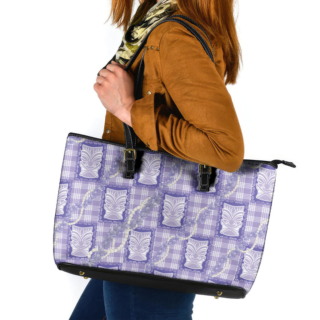 Aloha Hawaii Tiki Palaka Motifs Leather Tote Bag Honohono Lei Purple Elegant Vibes