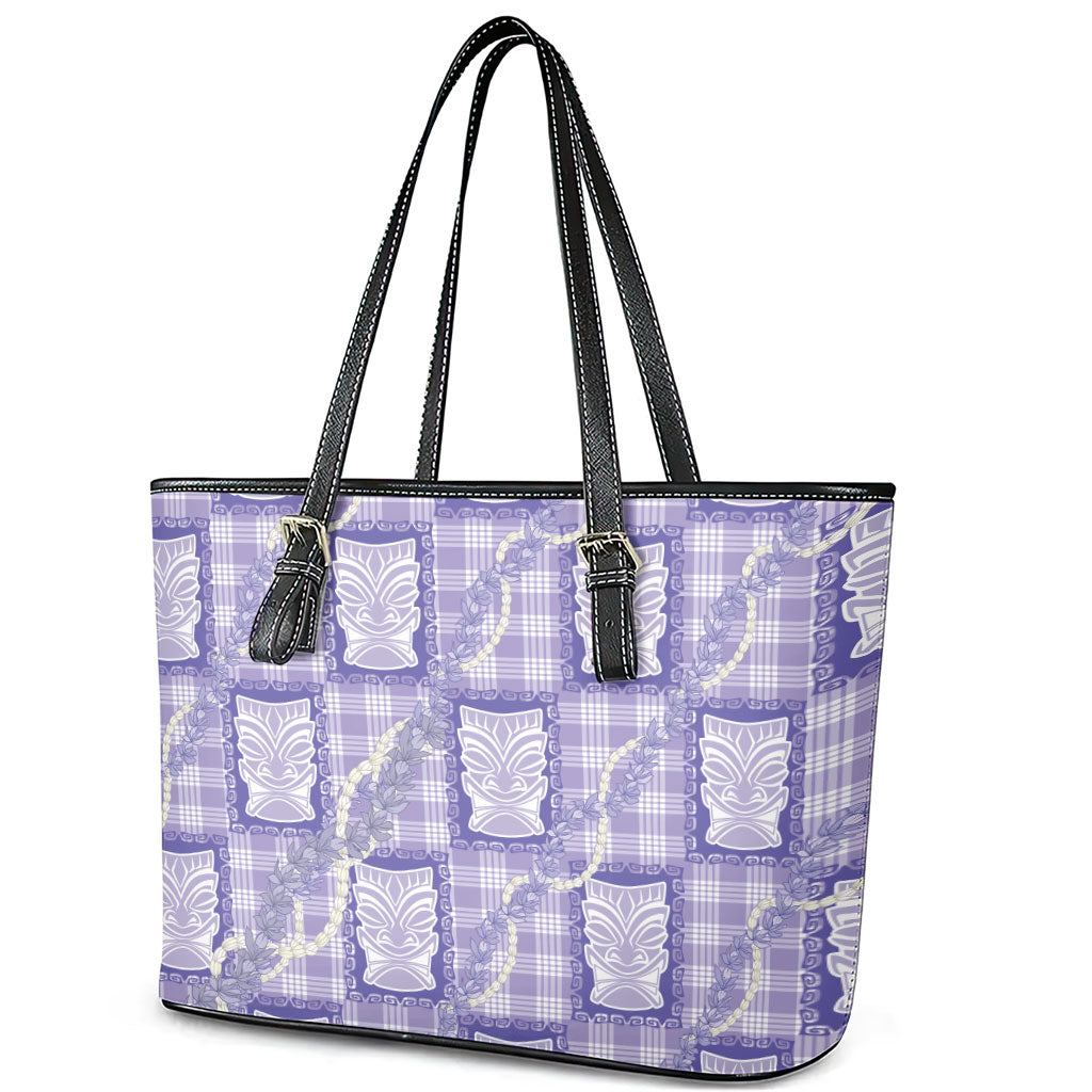 Aloha Hawaii Tiki Palaka Motifs Leather Tote Bag Honohono Lei Purple Elegant Vibes