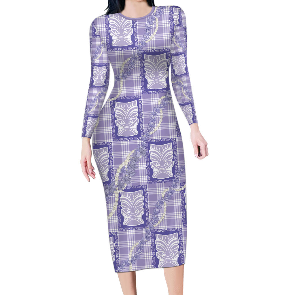 Aloha Hawaii Tiki Palaka Motifs Long Sleeve Bodycon Dress Honohono Lei Purple Elegant Vibes
