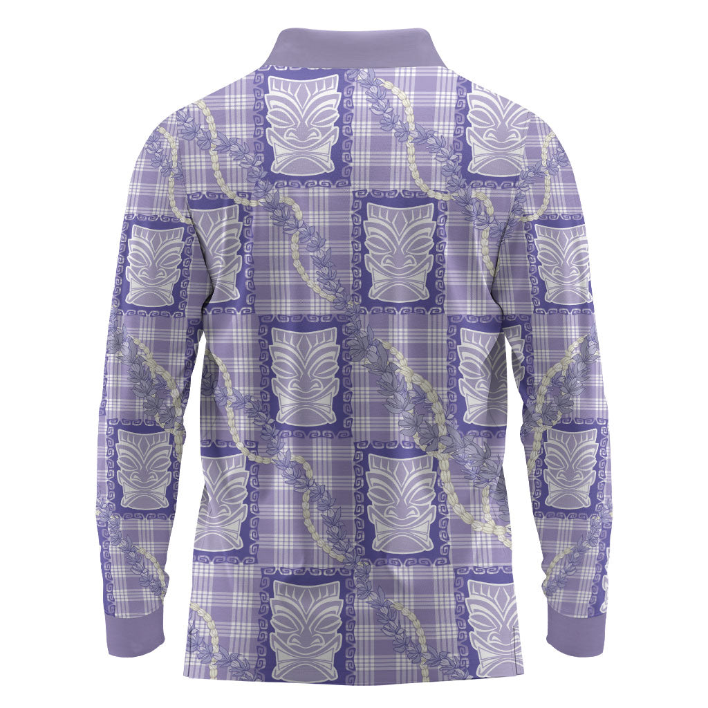 Aloha Hawaii Tiki Palaka Motifs Long Sleeve Polo Shirt Honohono Lei Purple Elegant Vibes