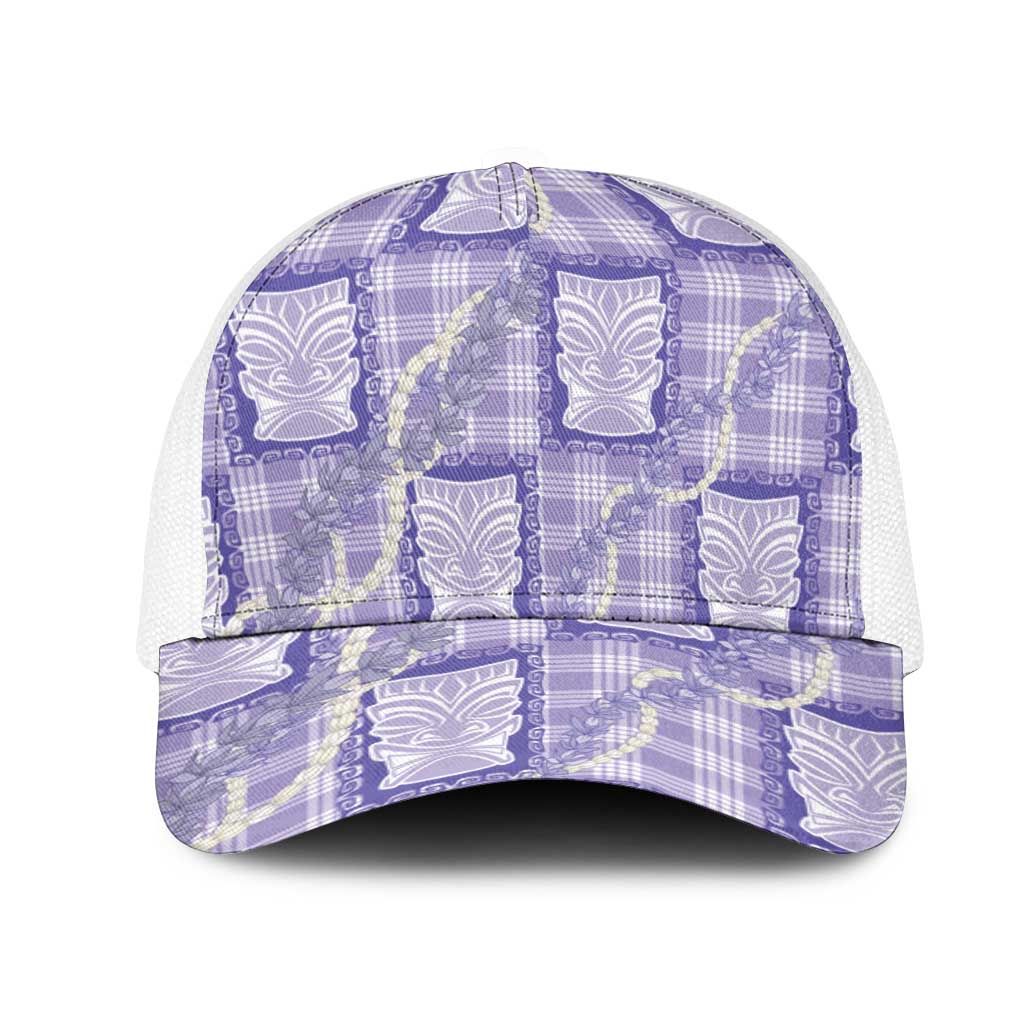 Aloha Hawaii Tiki Palaka Motifs Mesh Trucker Cap Honohono Lei Purple Elegant Vibes LT14 One Size White Purple - Polynesian Pride