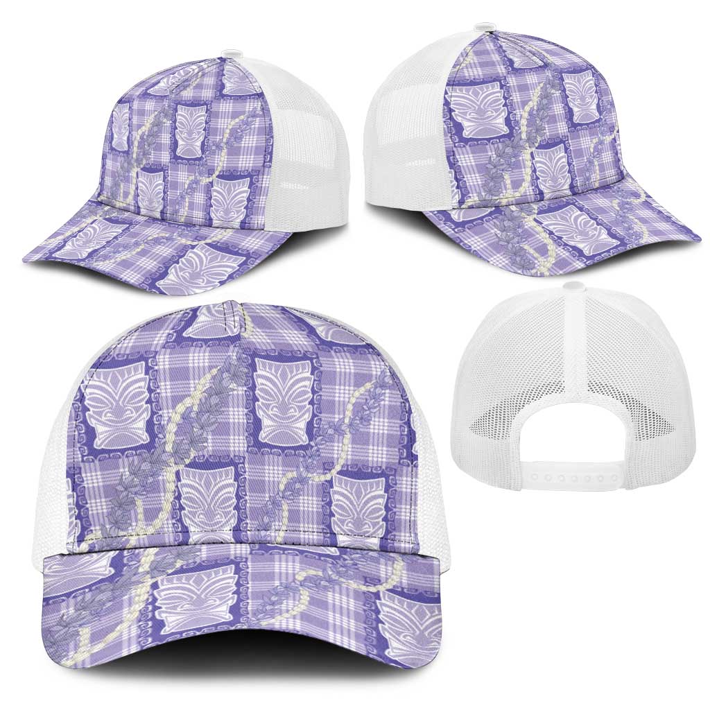 Aloha Hawaii Tiki Palaka Motifs Mesh Trucker Cap Honohono Lei Purple Elegant Vibes LT14 - Polynesian Pride