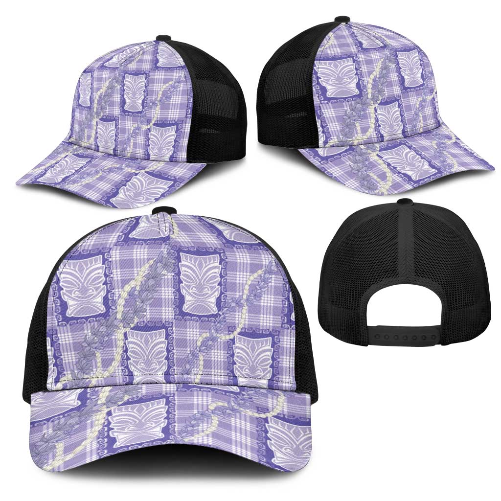 Aloha Hawaii Tiki Palaka Motifs Mesh Trucker Cap Honohono Lei Purple Elegant Vibes LT14 - Polynesian Pride