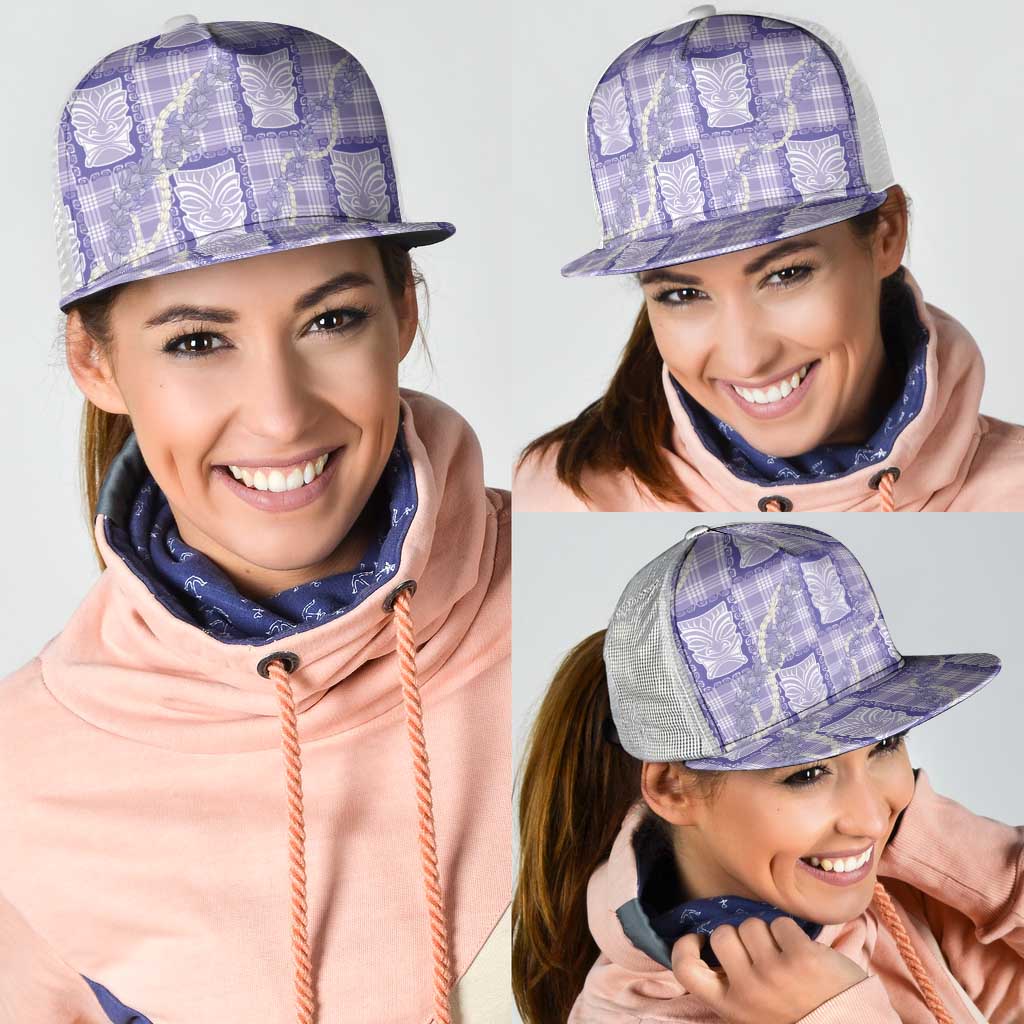 Aloha Hawaii Tiki Palaka Motifs Mesh Trucker Cap Honohono Lei Purple Elegant Vibes LT14 - Polynesian Pride