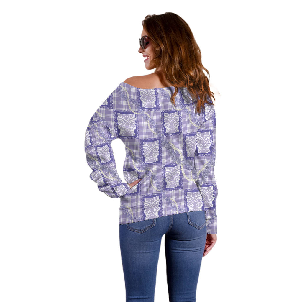 Aloha Hawaii Tiki Palaka Motifs Off Shoulder Sweater Honohono Lei Purple Elegant Vibes