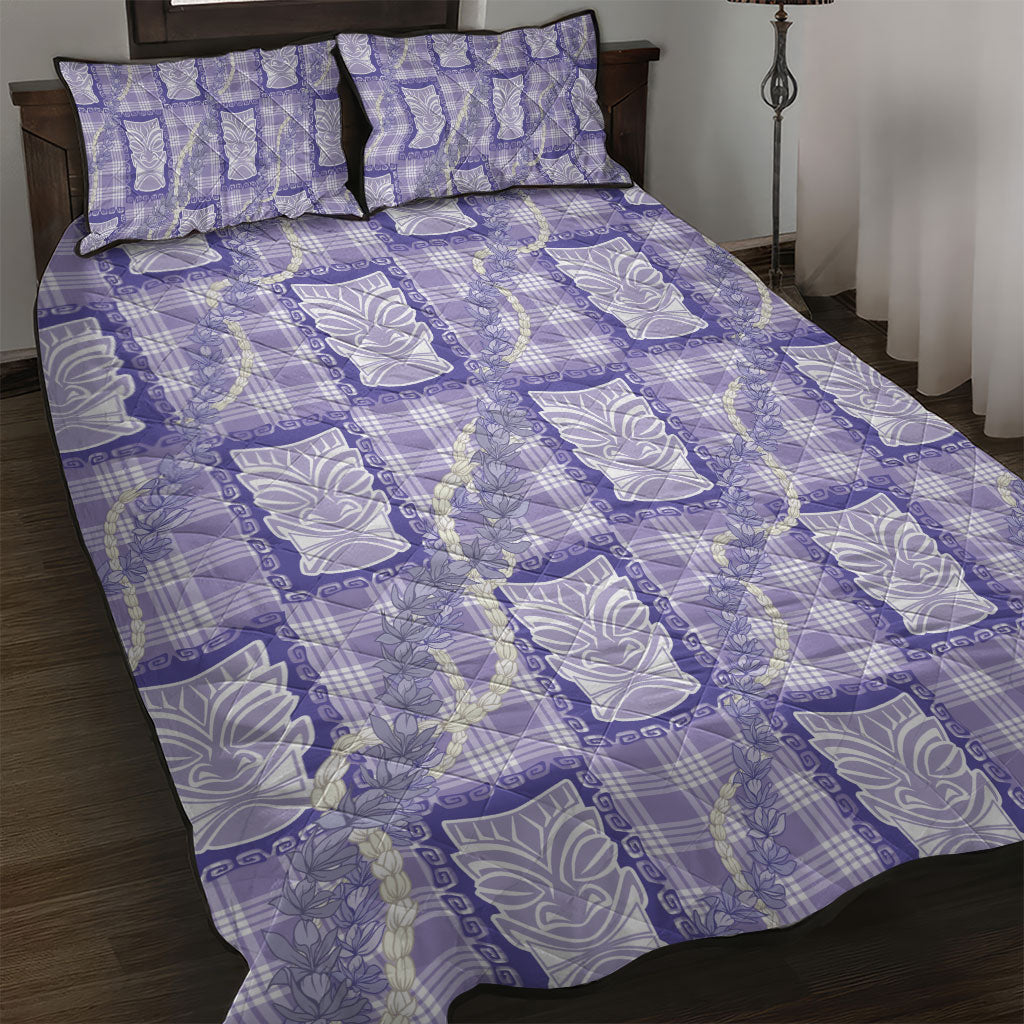 Aloha Hawaii Tiki Palaka Motifs Quilt Bed Set Honohono Lei Purple Elegant Vibes