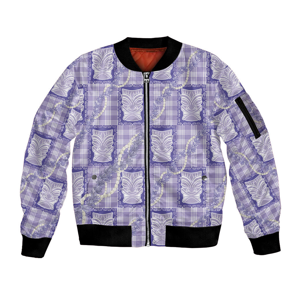 Aloha Hawaii Tiki Palaka Motifs Sleeve Zip Bomber Jacket Honohono Lei Purple Elegant Vibes