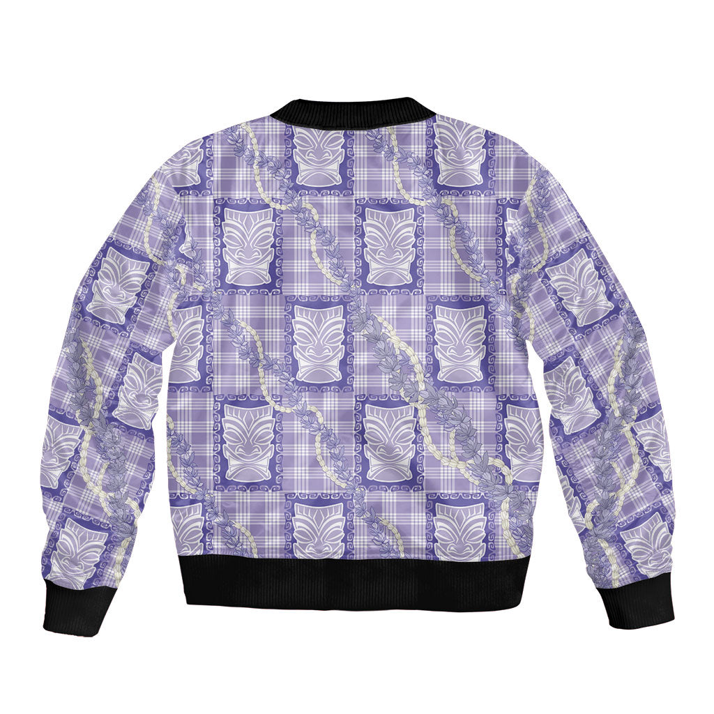 Aloha Hawaii Tiki Palaka Motifs Sleeve Zip Bomber Jacket Honohono Lei Purple Elegant Vibes