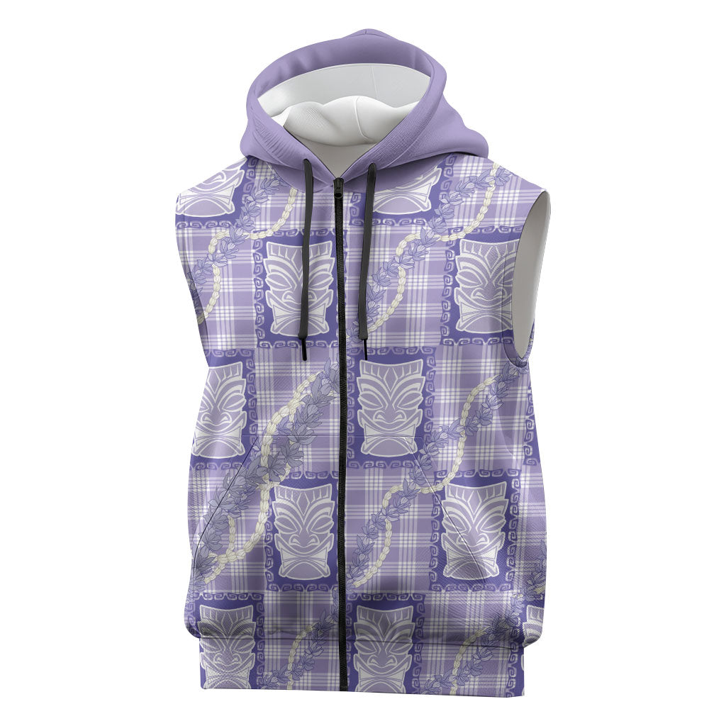 Aloha Hawaii Tiki Palaka Motifs Sleeveless Zip Hoodie Honohono Lei Purple Elegant Vibes