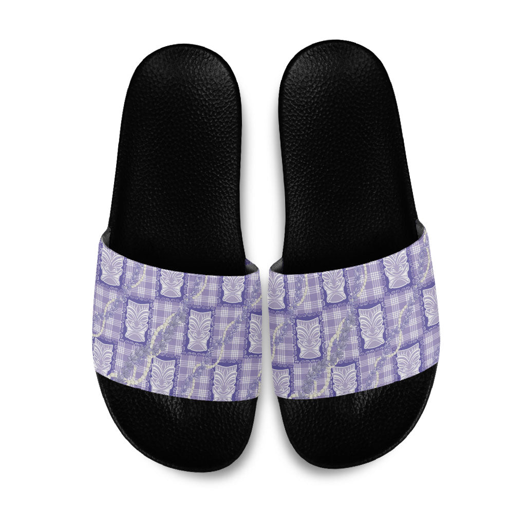 Aloha Hawaii Tiki Palaka Motifs Slide Sandals Honohono Lei Purple Elegant Vibes