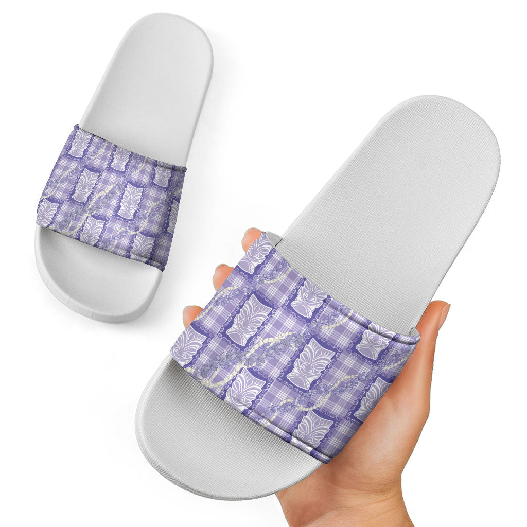 Aloha Hawaii Tiki Palaka Motifs Slide Sandals Honohono Lei Purple Elegant Vibes