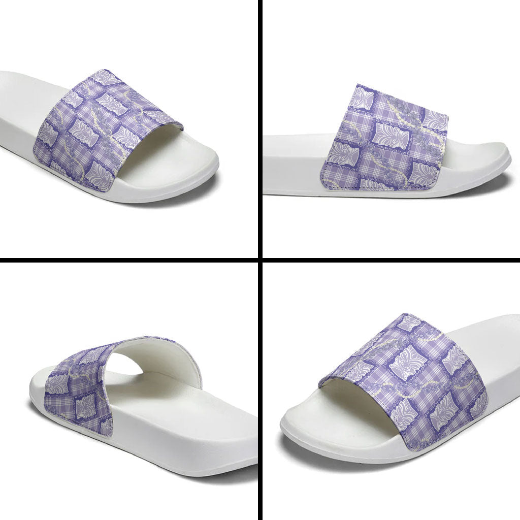 Aloha Hawaii Tiki Palaka Motifs Slide Sandals Honohono Lei Purple Elegant Vibes