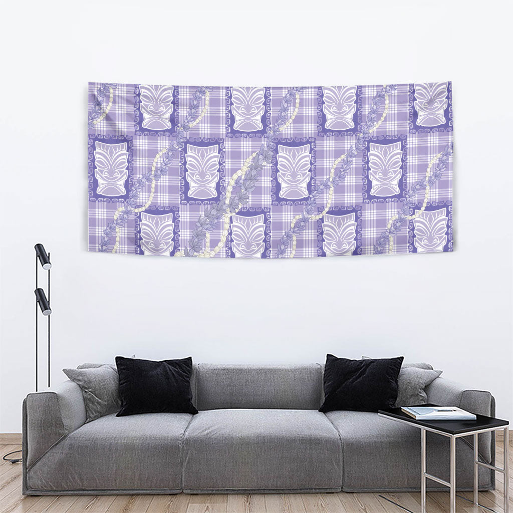 Aloha Hawaii Tiki Palaka Motifs Tapestry Honohono Lei Purple Elegant Vibes