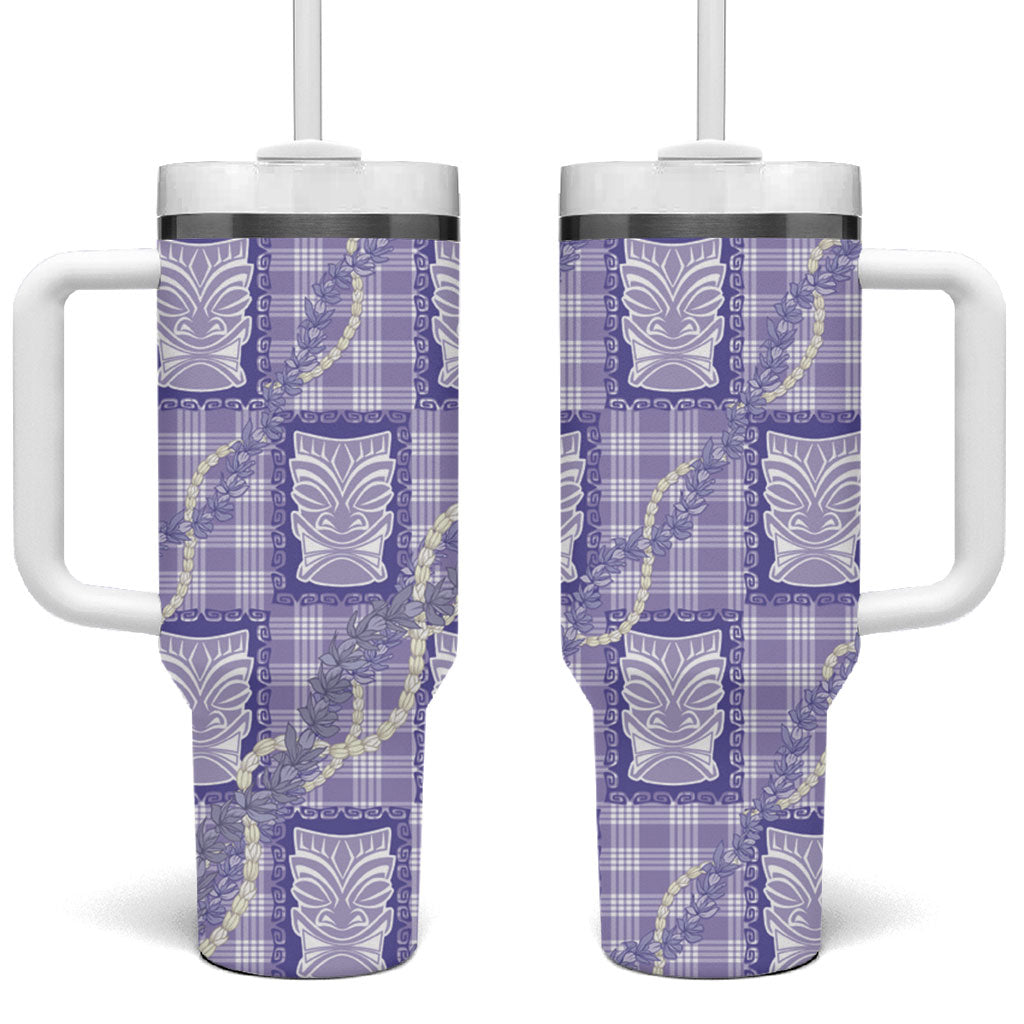 Aloha Hawaii Tiki Palaka Motifs Tumbler With Handle Honohono Lei Purple Elegant Vibes