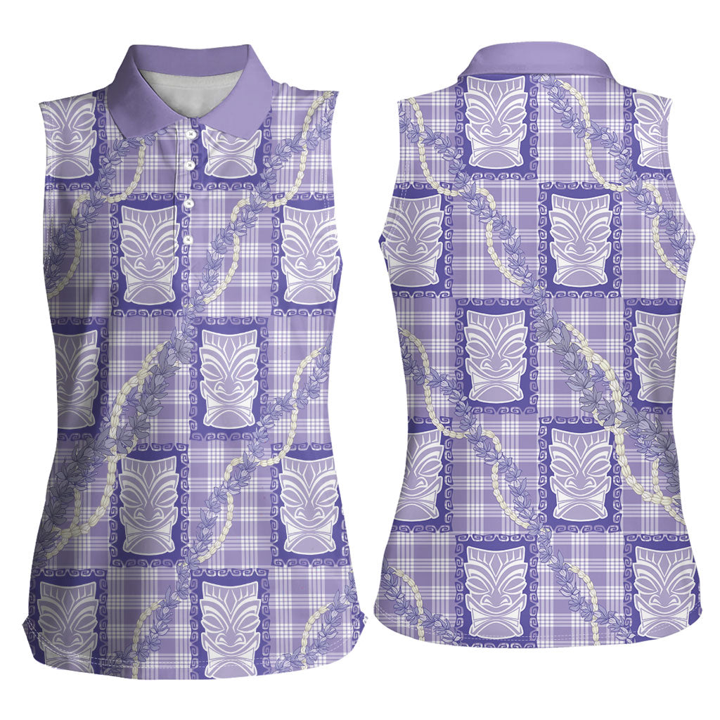 Aloha Hawaii Tiki Palaka Motifs Women Sleeveless Polo Shirt Honohono Lei Purple Elegant Vibes