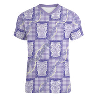 Aloha Hawaii Tiki Palaka Motifs Women V-Neck T-Shirt Honohono Lei Purple Elegant Vibes LT14 Female Purple - Polynesian Pride