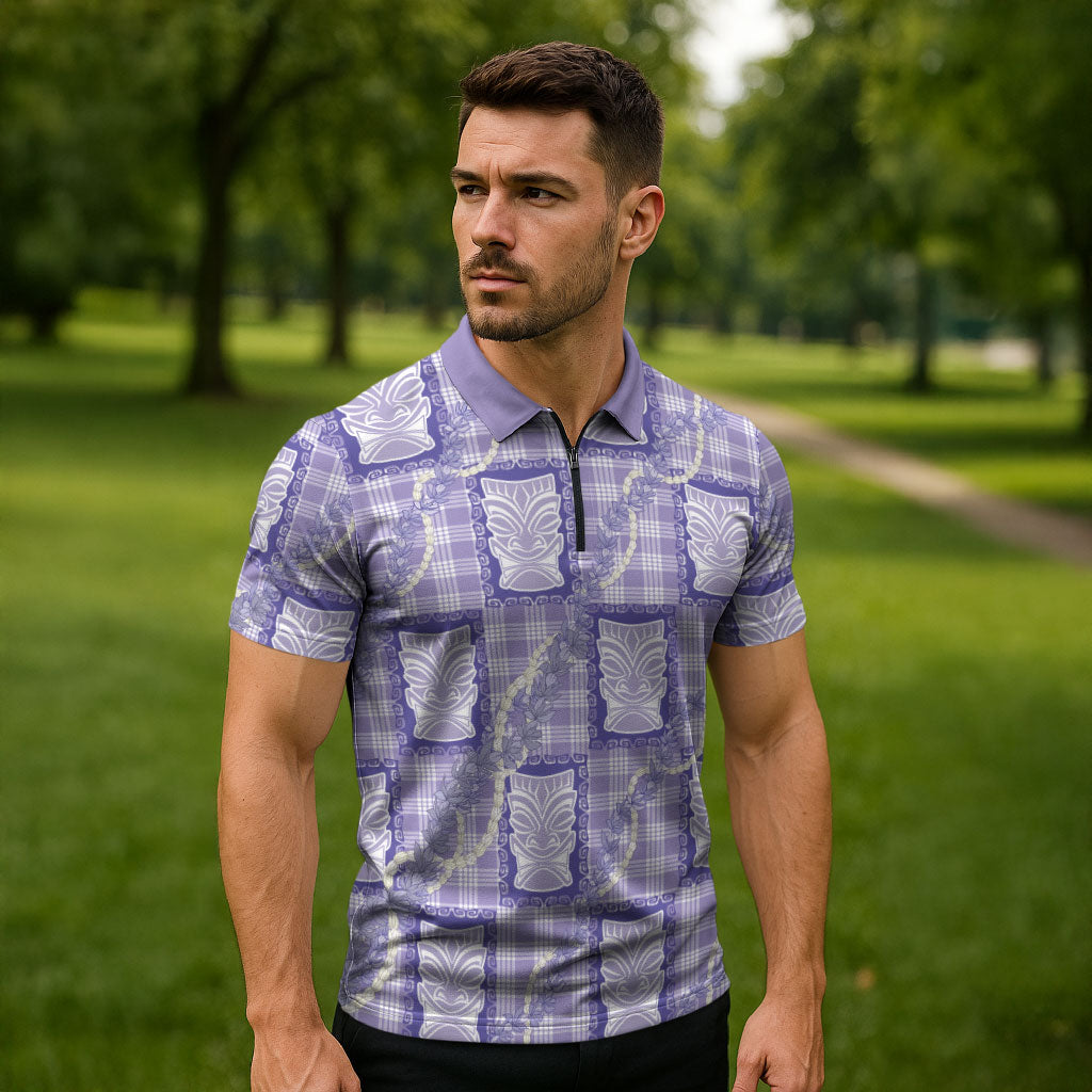 Aloha Hawaii Tiki Palaka Motifs Zipper Polo Shirt Honohono Lei Purple Elegant Vibes LT14 - Polynesian Pride