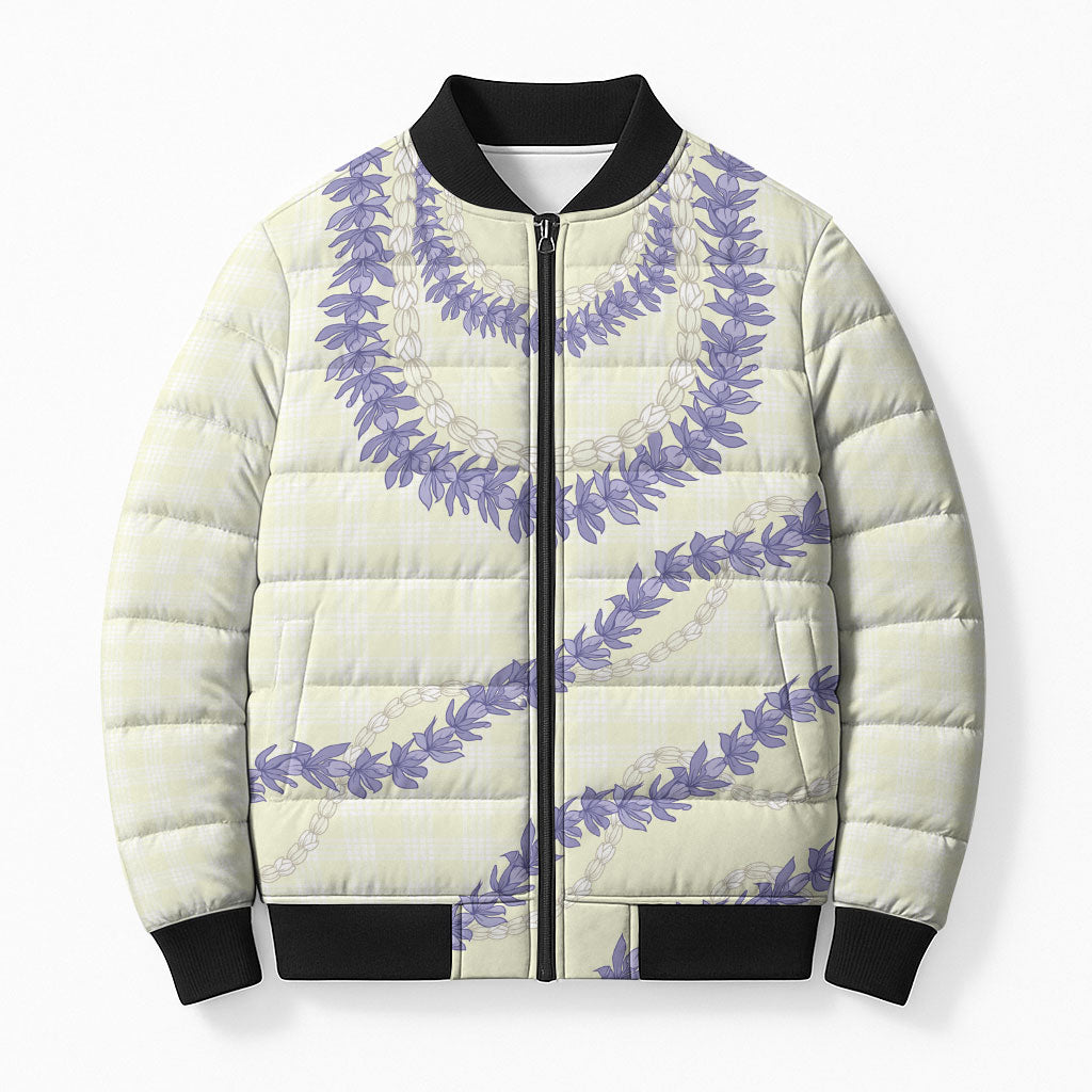 Hawaii Honohono Palaka Motifs Bomber Puffer Jacket Hawaiian Orchid Lei