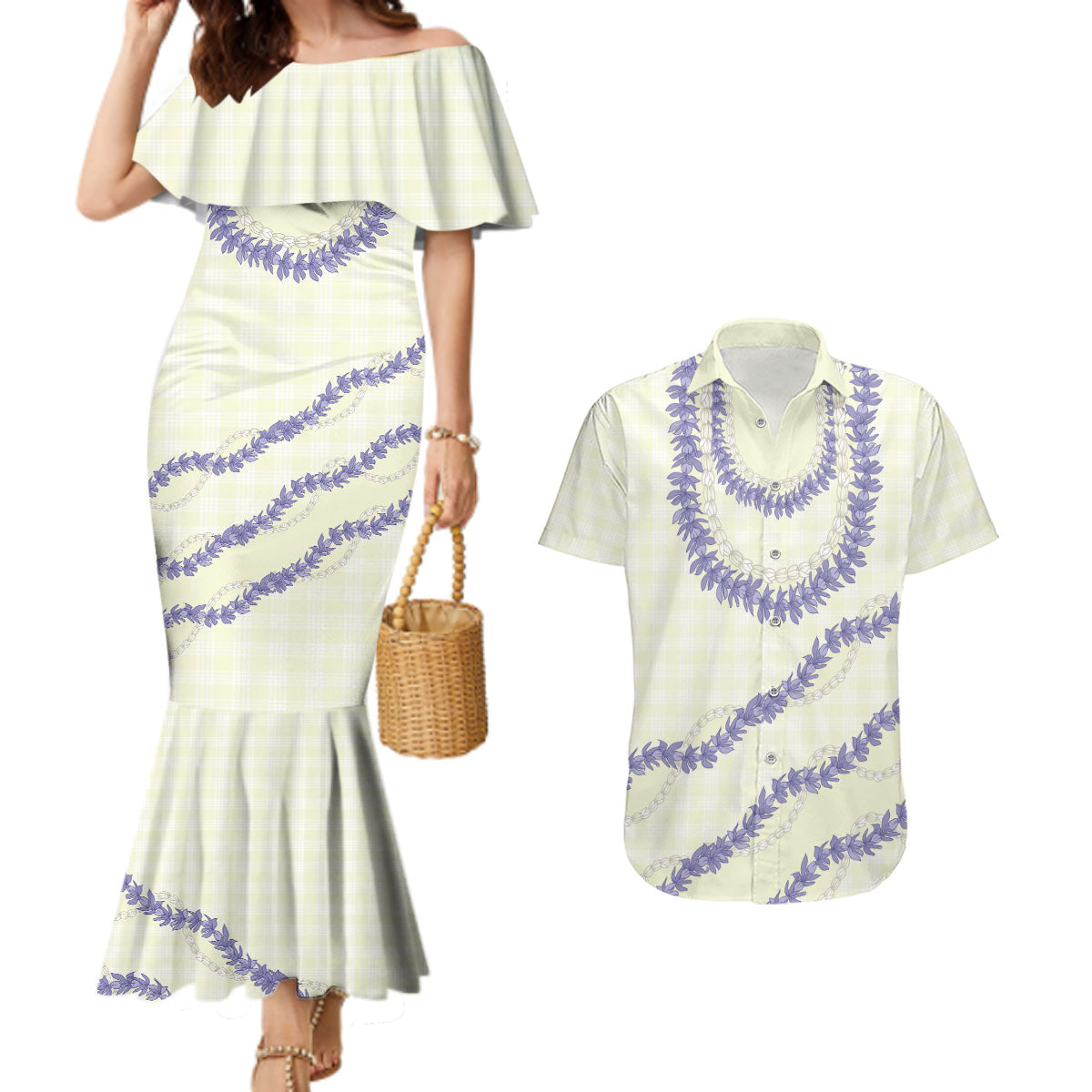 Hawaii Honohono Palaka Motifs Couples Matching Mermaid Dress and Hawaiian Shirt Hawaiian Orchid Lei