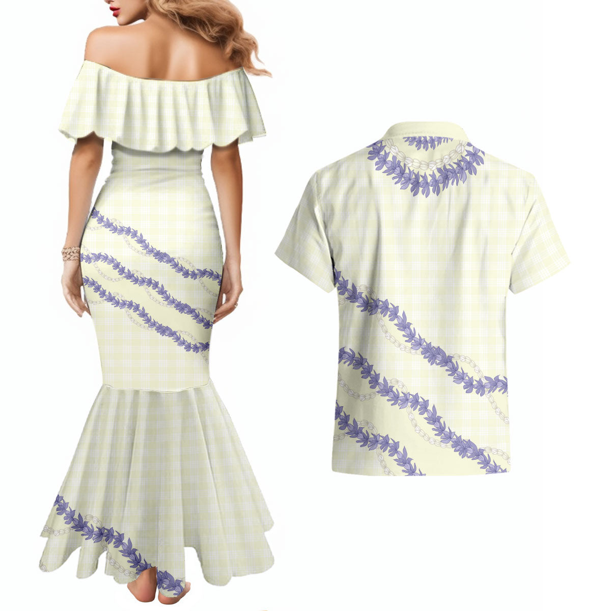 Hawaii Honohono Palaka Motifs Couples Matching Mermaid Dress and Hawaiian Shirt Hawaiian Orchid Lei LT14 - Polynesian Pride