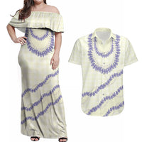 Hawaii Honohono Palaka Motifs Couples Matching Off Shoulder Maxi Dress and Hawaiian Shirt Hawaiian Orchid Lei LT14 Cream - Polynesian Pride