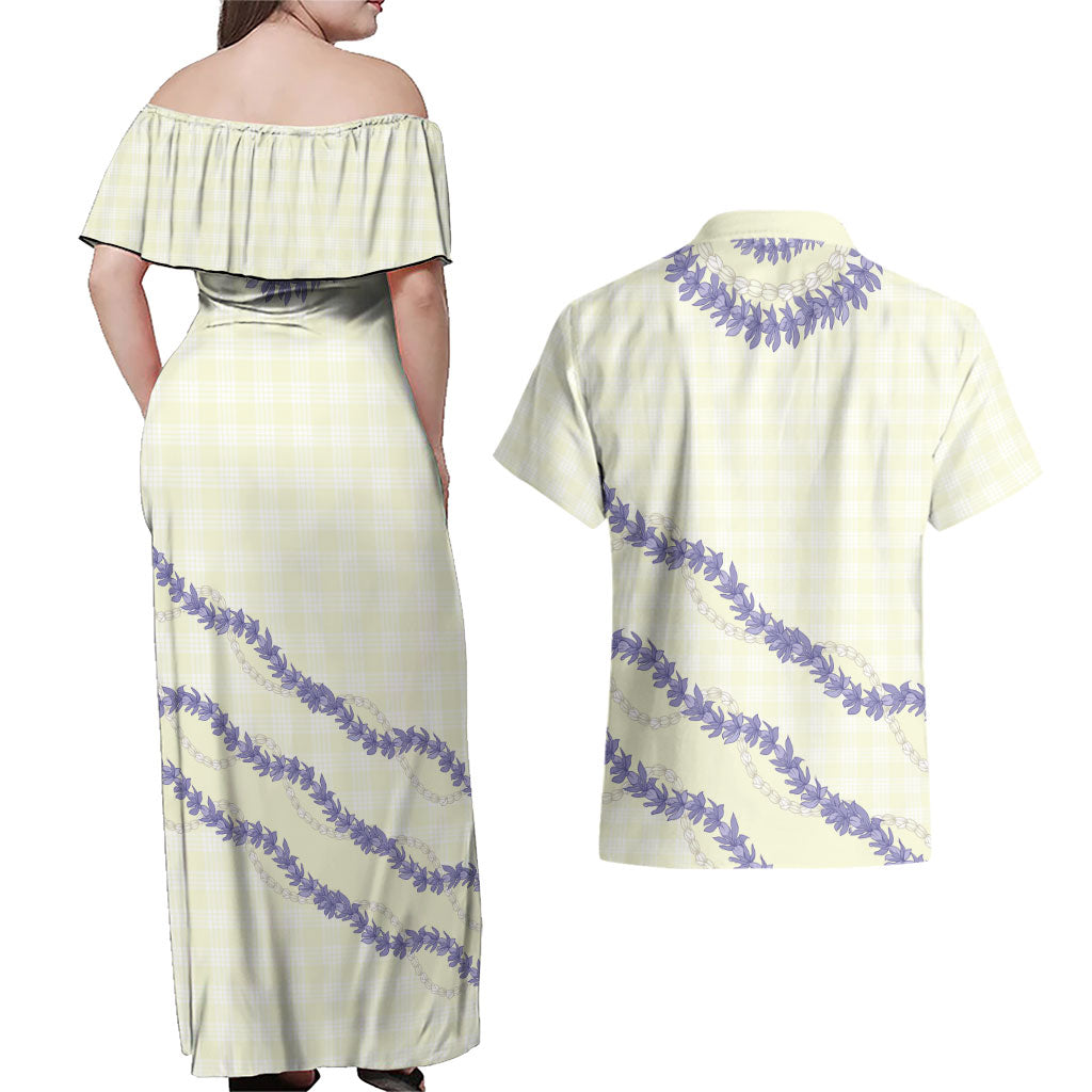 Hawaii Honohono Palaka Motifs Couples Matching Off Shoulder Maxi Dress and Hawaiian Shirt Hawaiian Orchid Lei LT14 - Polynesian Pride