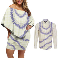 Hawaii Honohono Palaka Motifs Couples Matching Off Shoulder Short Dress and Long Sleeve Button Shirt Hawaiian Orchid Lei LT14 Cream - Polynesian Pride