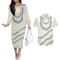Hawaii Honohono Palaka Motifs Couples Matching Off The Shoulder Long Sleeve Dress and Hawaiian Shirt Hawaiian Orchid Lei LT14 Cream - Polynesian Pride