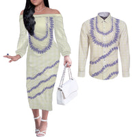 Hawaii Honohono Palaka Motifs Couples Matching Off The Shoulder Long Sleeve Dress and Long Sleeve Button Shirt Hawaiian Orchid Lei LT14 Cream - Polynesian Pride