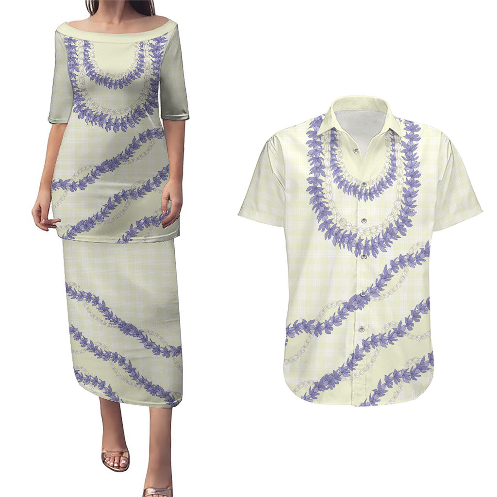 Hawaii Honohono Palaka Motifs Couples Matching Puletasi and Hawaiian Shirt Hawaiian Orchid Lei