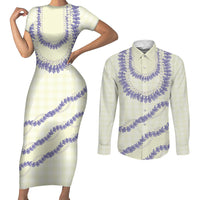 Hawaii Honohono Palaka Motifs Couples Matching Short Sleeve Bodycon Dress and Long Sleeve Button Shirt Hawaiian Orchid Lei LT14 Cream - Polynesian Pride