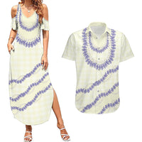 Hawaii Honohono Palaka Motifs Couples Matching Summer Maxi Dress and Hawaiian Shirt Hawaiian Orchid Lei LT14 Cream - Polynesian Pride