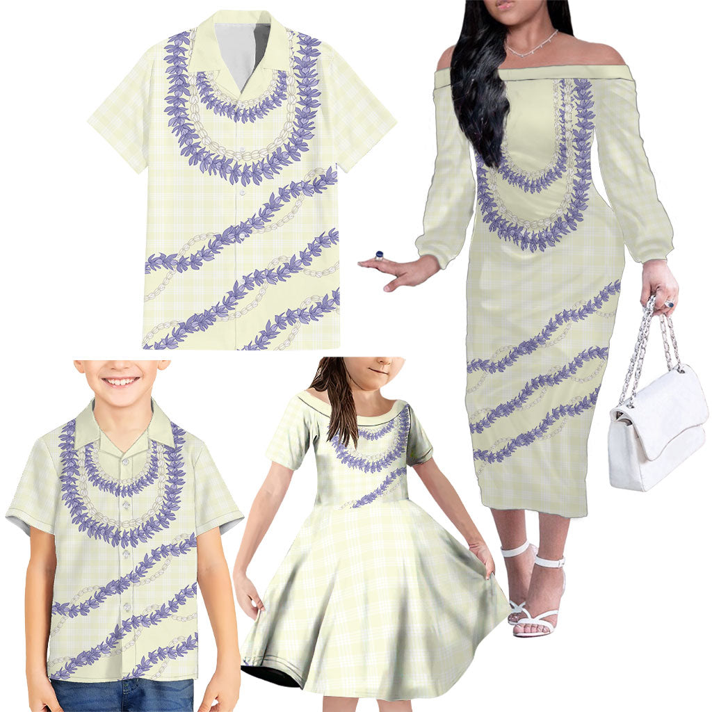 Hawaii Honohono Palaka Motifs Family Matching Off The Shoulder Long Sleeve Dress and Hawaiian Shirt Hawaiian Orchid Lei