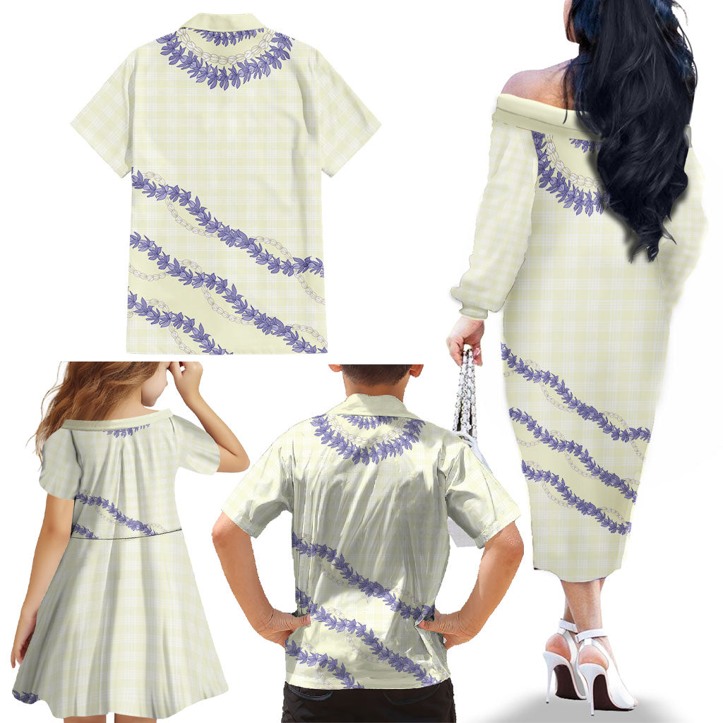 Hawaii Honohono Palaka Motifs Family Matching Off The Shoulder Long Sleeve Dress and Hawaiian Shirt Hawaiian Orchid Lei