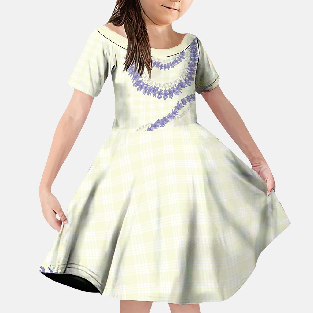 Hawaii Honohono Palaka Motifs Family Matching Off Shoulder Maxi Dress and Hawaiian Shirt Hawaiian Orchid Lei LT14 Daughter's Dress Cream - Polynesian Pride