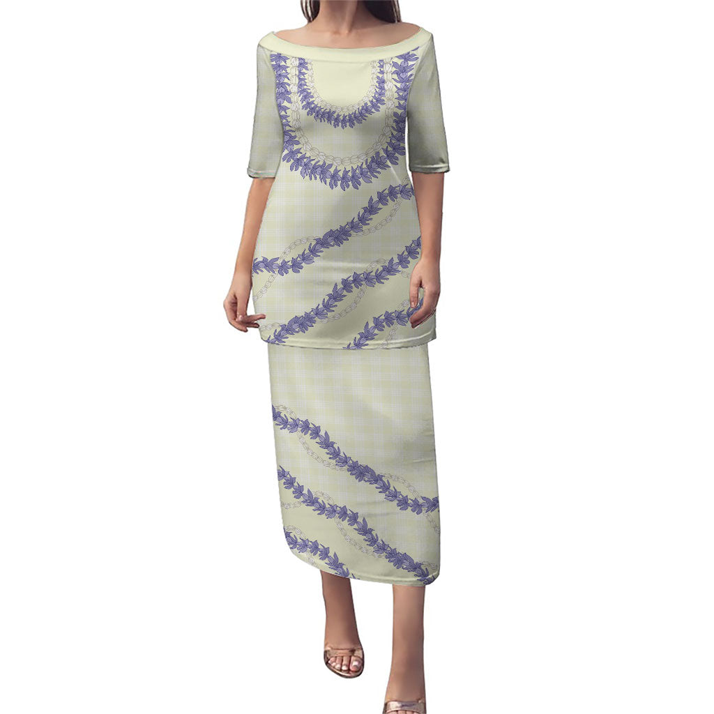 Hawaii Honohono Palaka Motifs Family Matching Puletasi and Hawaiian Shirt Hawaiian Orchid Lei LT14 Mom's Dress Cream - Polynesian Pride