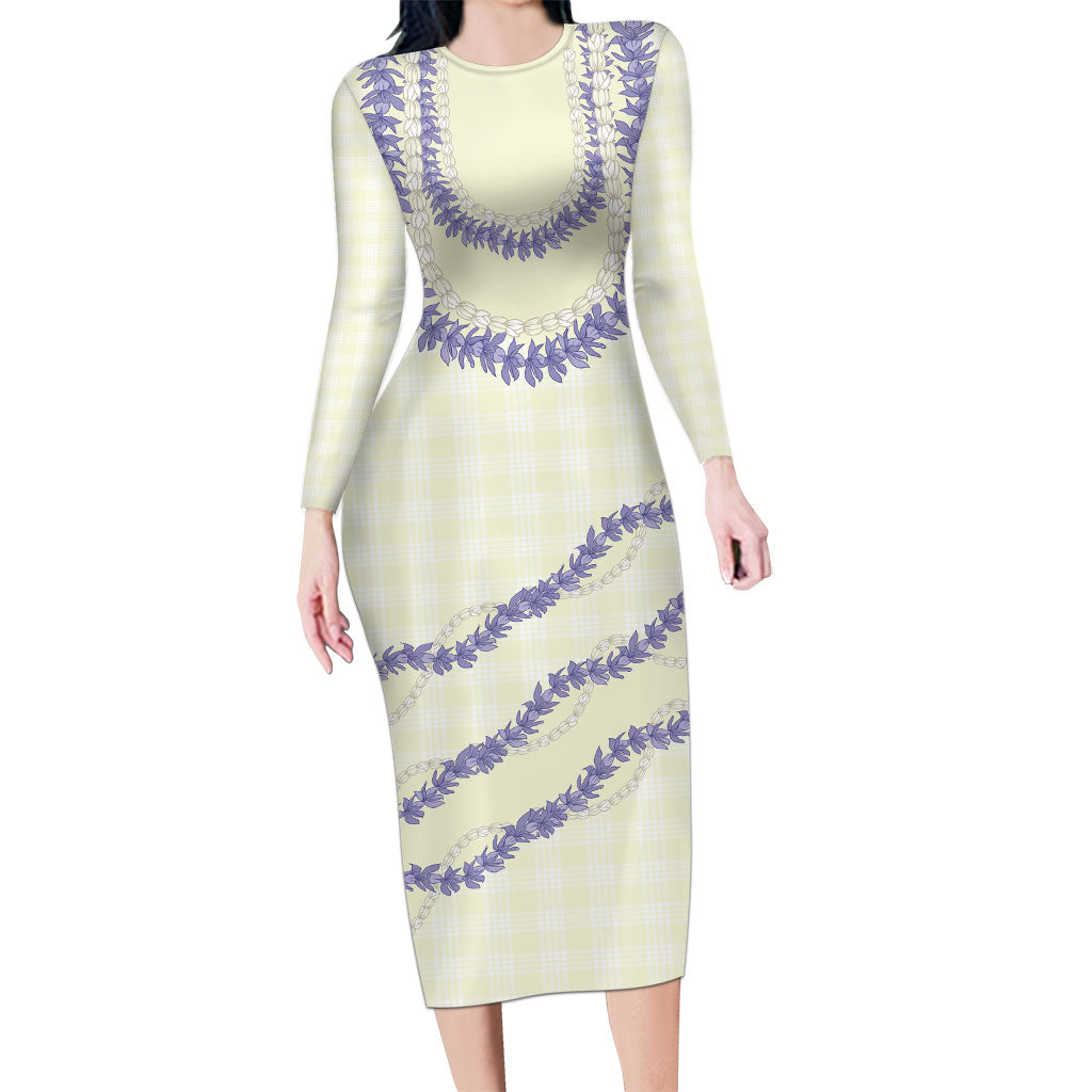 Hawaii Honohono Palaka Motifs Long Sleeve Bodycon Dress Hawaiian Orchid Lei