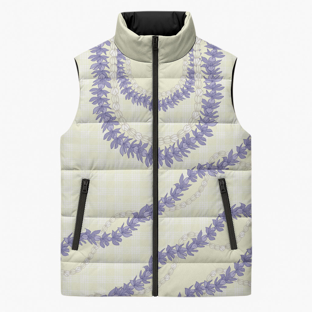 Hawaii Honohono Palaka Motifs Sleeveless Puffer Jacket Hawaiian Orchid Lei
