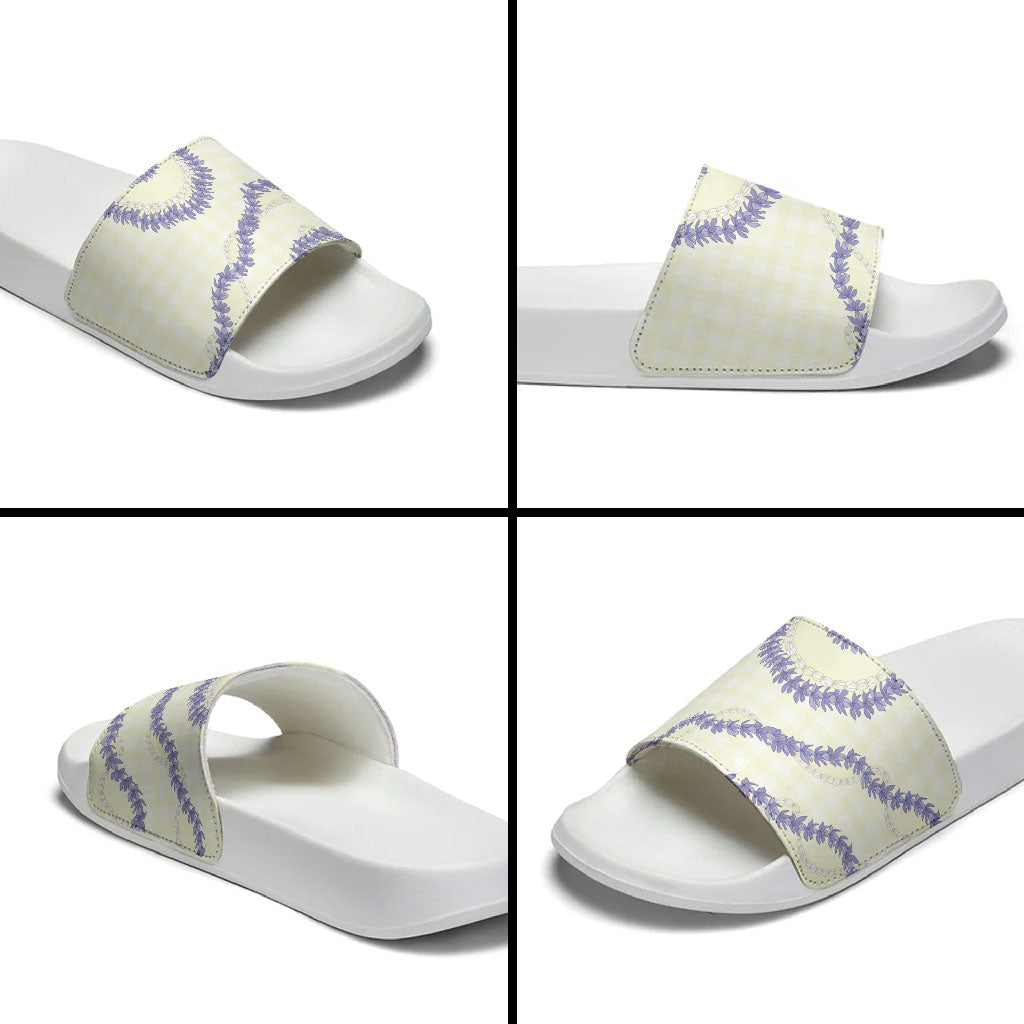 Hawaii Honohono Palaka Motifs Slide Sandals Hawaiian Orchid Lei