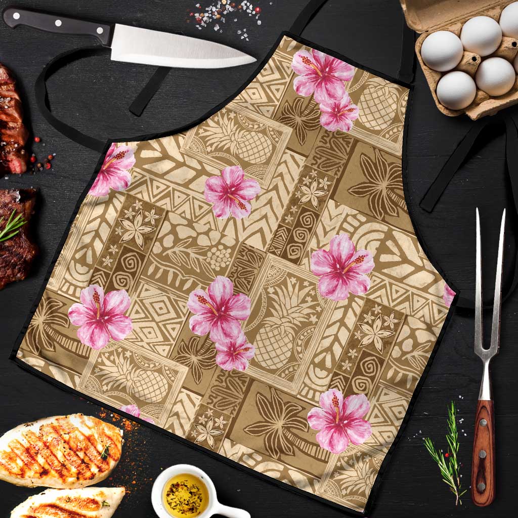 Beige Hawaii Hibiscus With Tropical Flowers Motifs Apron - Polynesian Pride