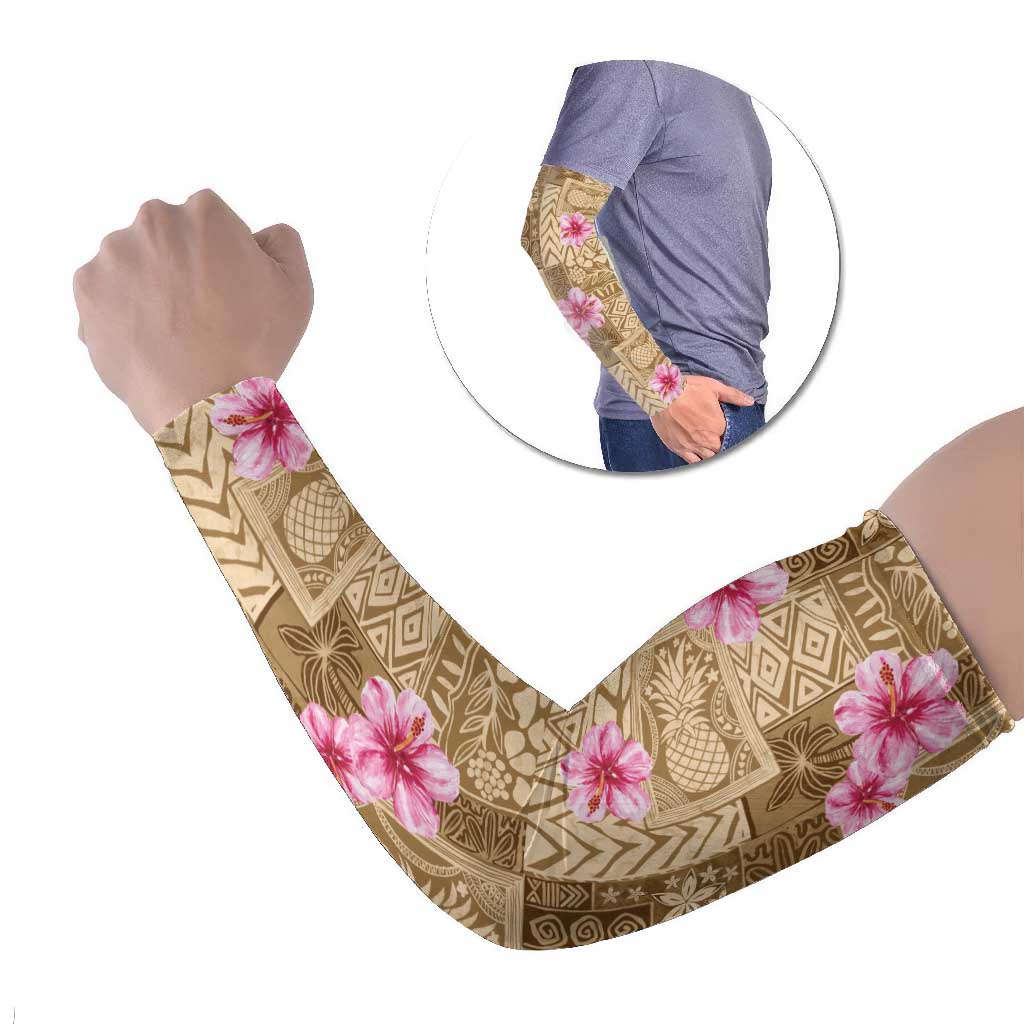 Beige Hawaii Hibiscus With Tropical Flowers Motifs Arm Sleeves - Polynesian Pride