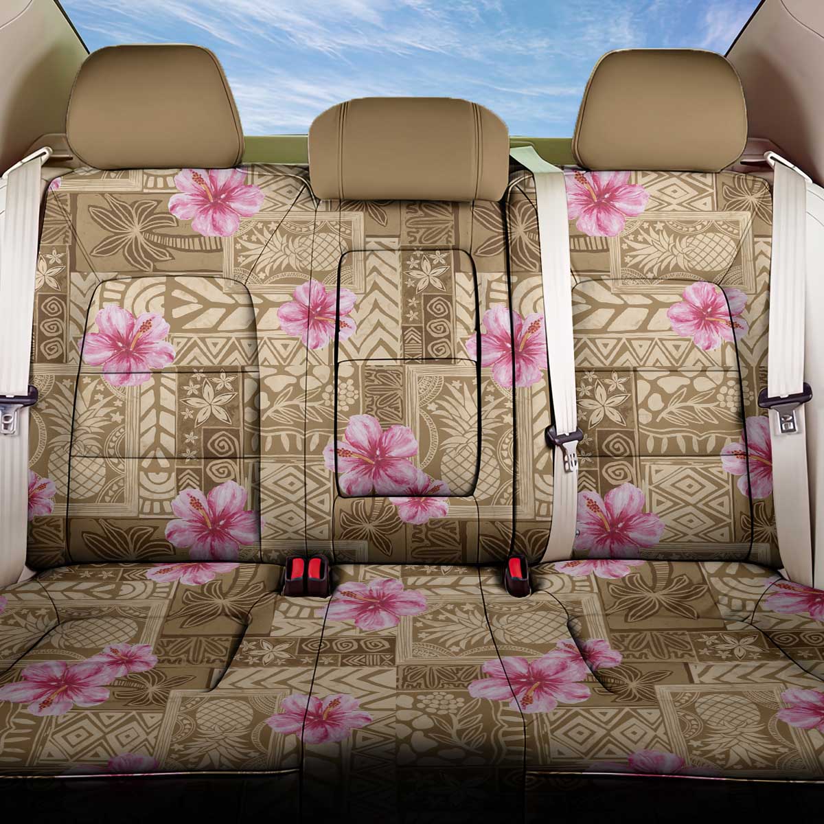 Beige Hawaii Hibiscus With Tropical Flowers Motifs Back Car Seat Cover - Polynesian Pride