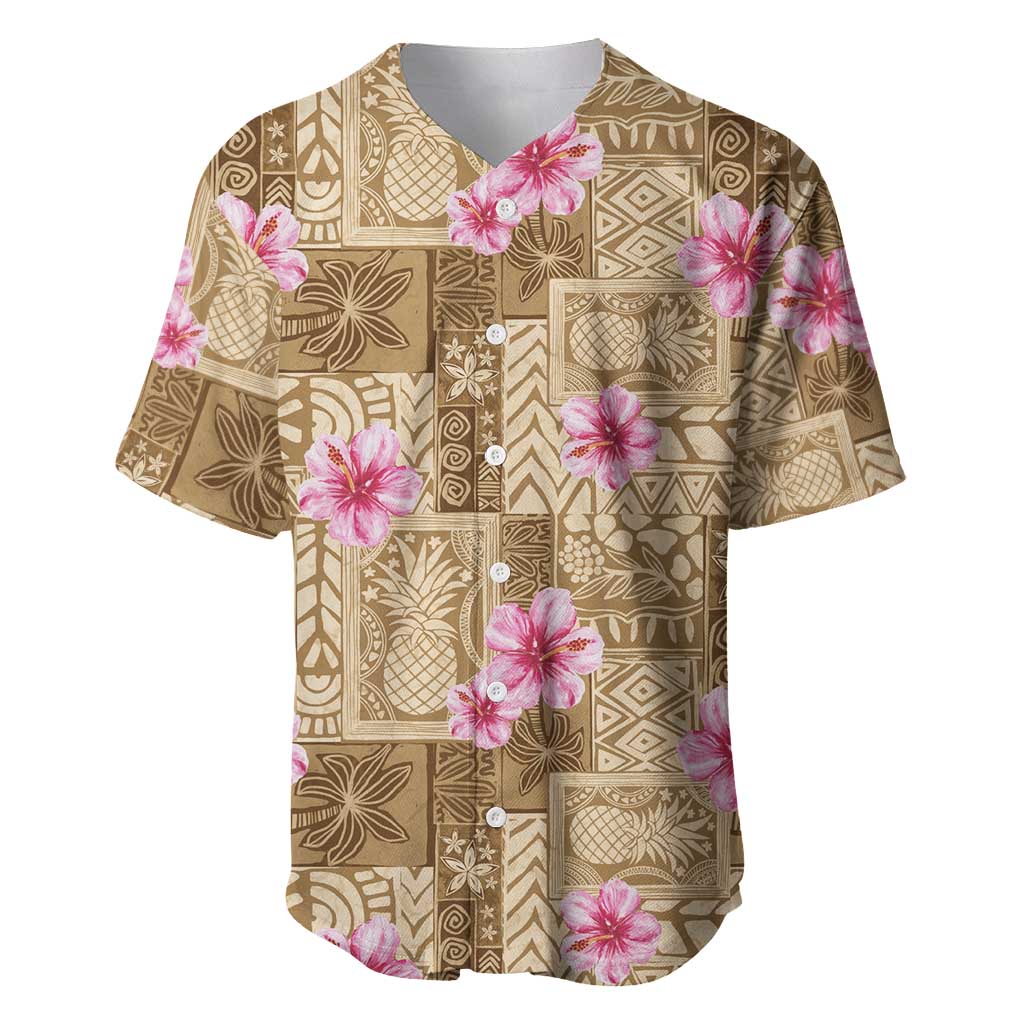 Beige Hawaii Hibiscus With Tropical Flowers Motifs Baseball Jersey - Polynesian Pride