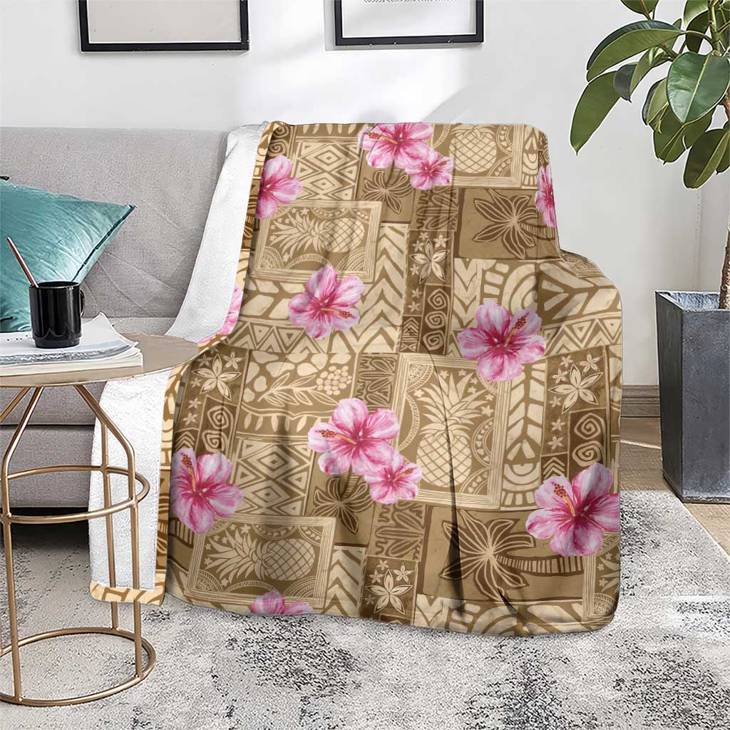 Beige Hawaii Hibiscus With Tropical Flowers Motifs Blanket - Polynesian Pride